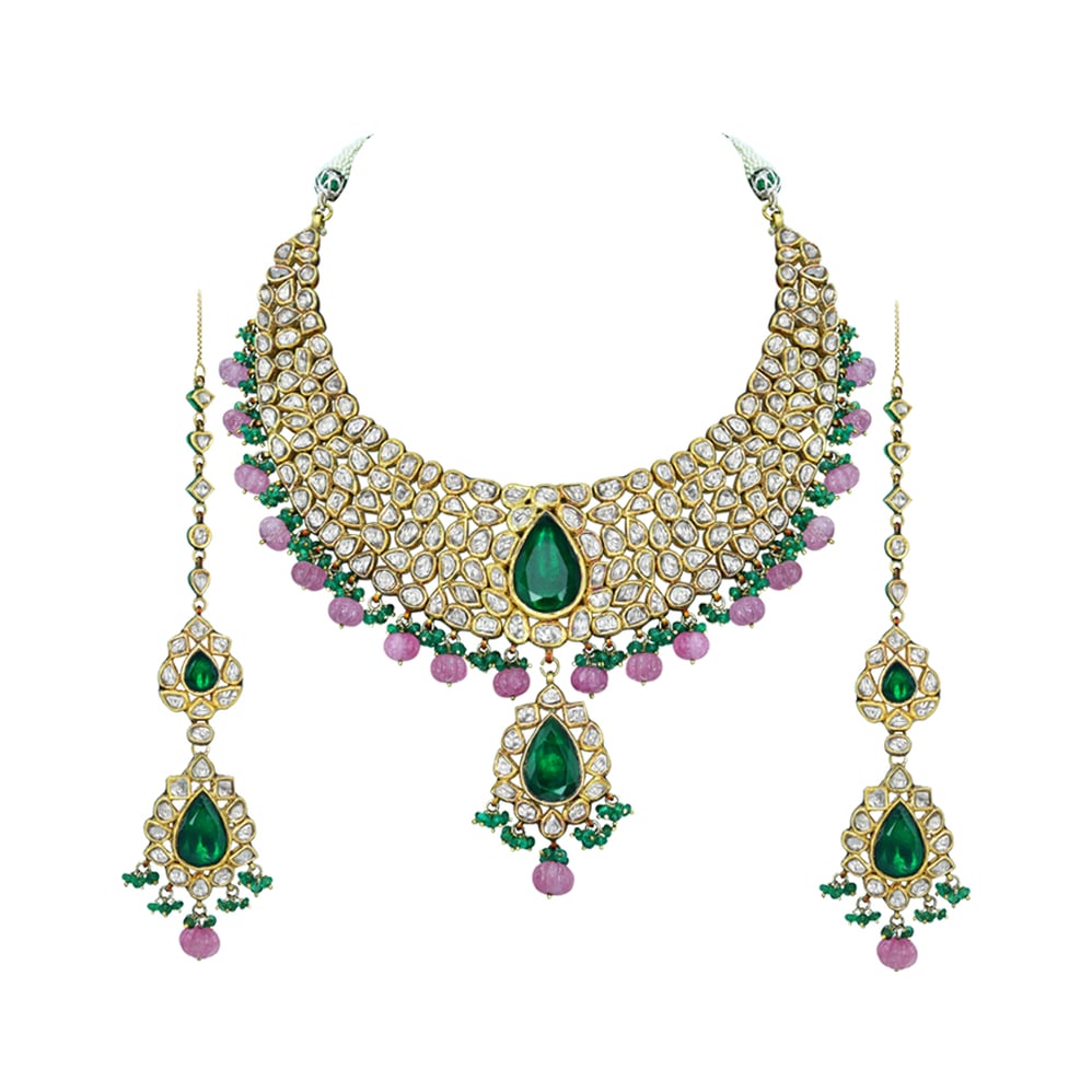 Polki Diamond Necklace Set with Green Stone and Pink Beads